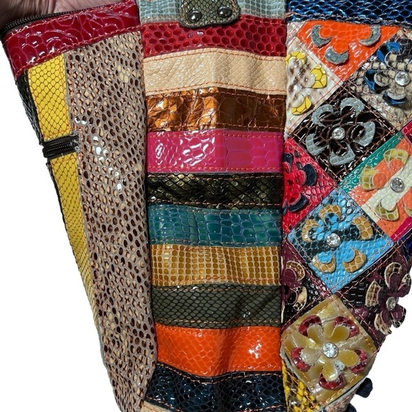 TRESKA Multi Colored 3D Leather Floral Rhinestone Patchwork Shoulder Bag - Picture 12 of 16
